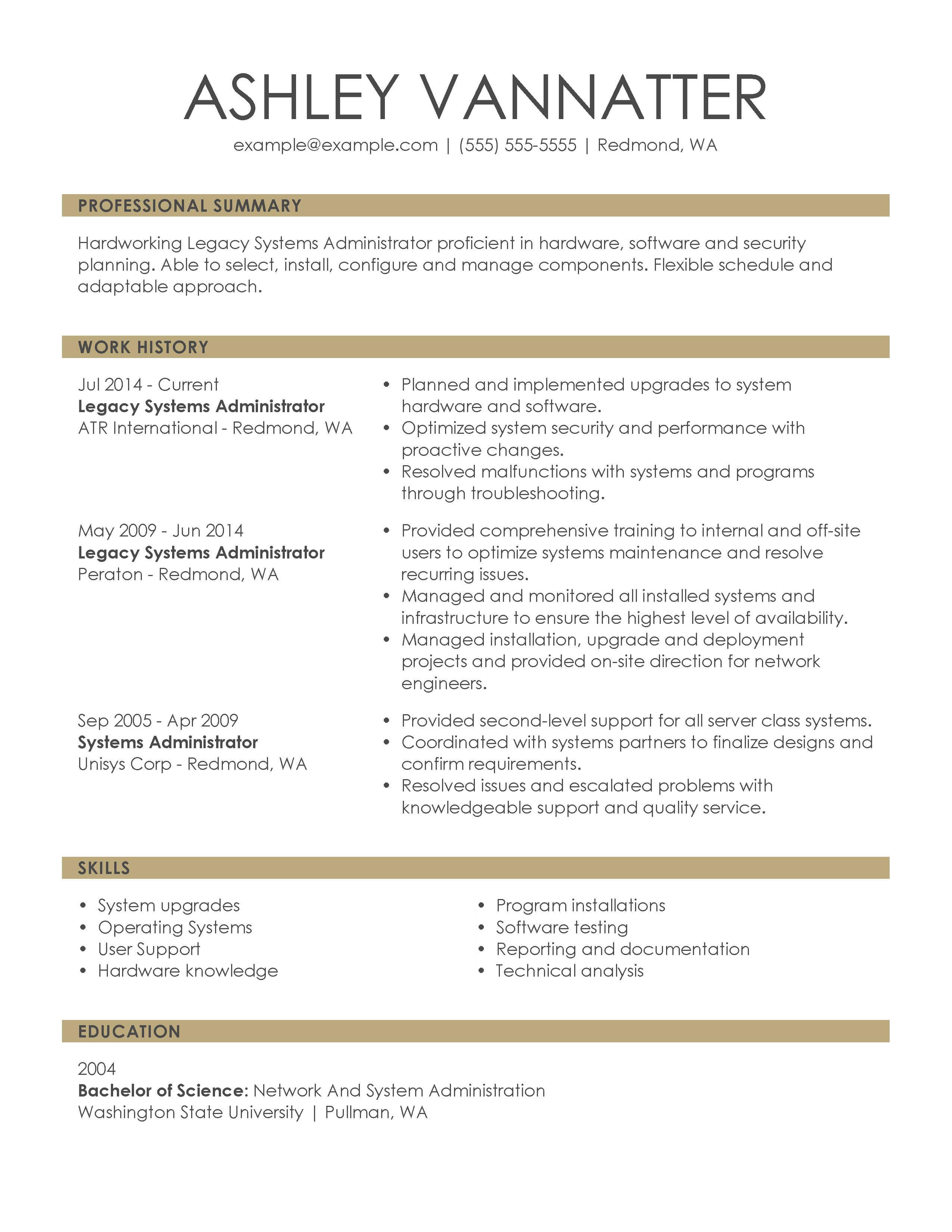 Professional Resume Examples Chronological Executive Legacy Systems Administrator professional resume examples|wikiresume.com