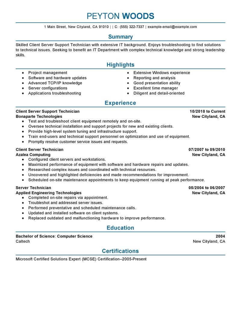Professional Resume Examples Client Server Technician It Professional 2 professional resume examples|wikiresume.com