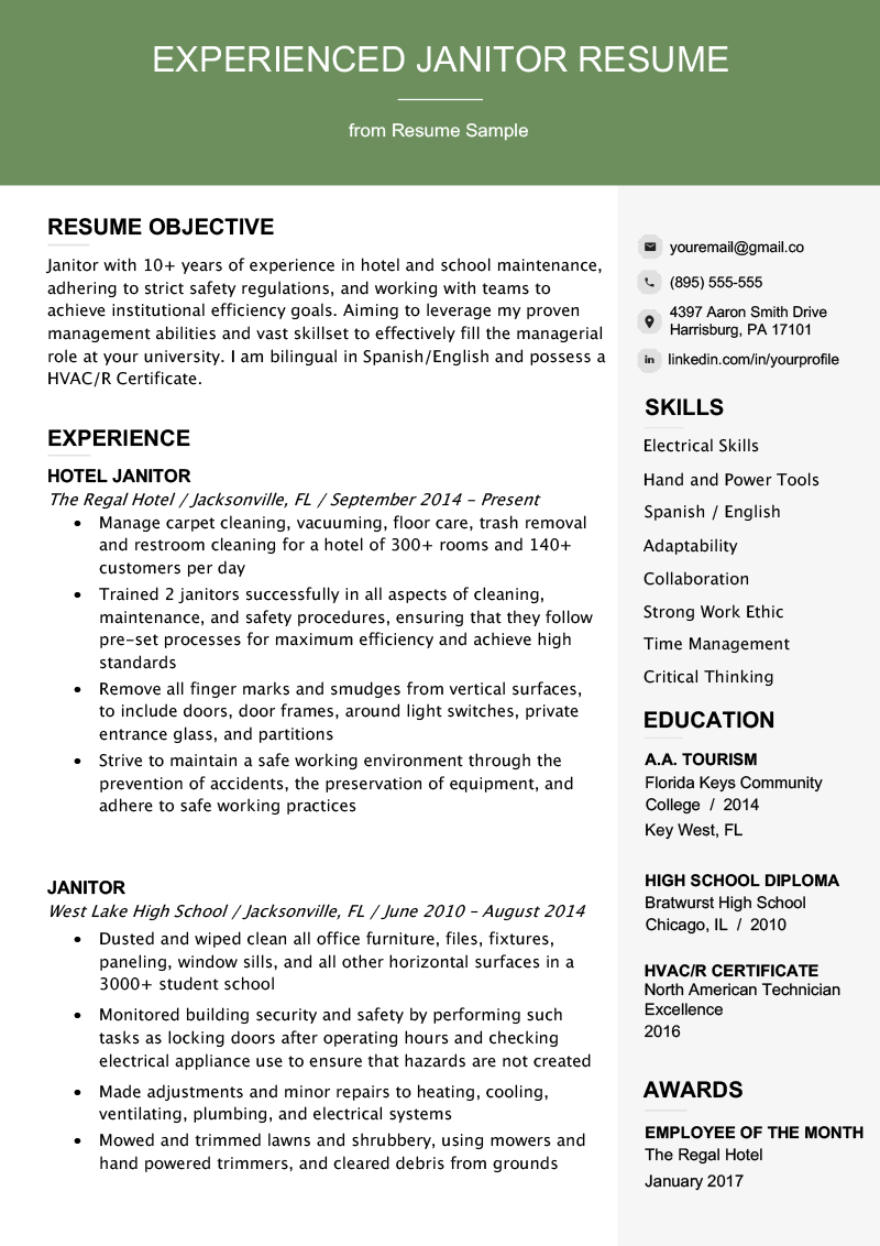 Professional Resume Examples Janitor Resume Example Template professional resume examples|wikiresume.com