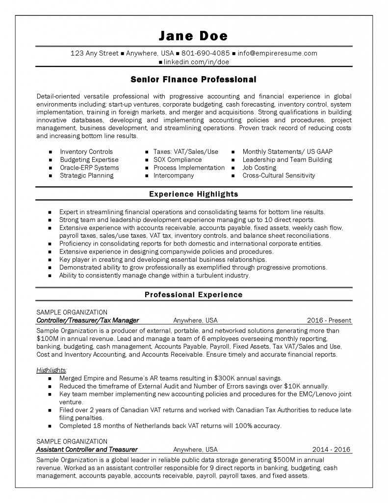 Professional Resume Examples Sample Executive Finance Page 1 791x1024 professional resume examples|wikiresume.com
