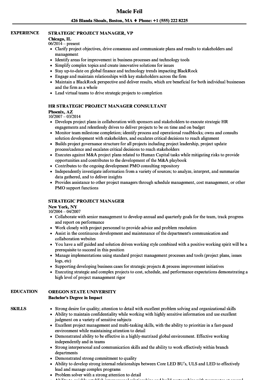 Project Manager Resume Strategic Project Manager Resume Sample project manager resume|wikiresume.com
