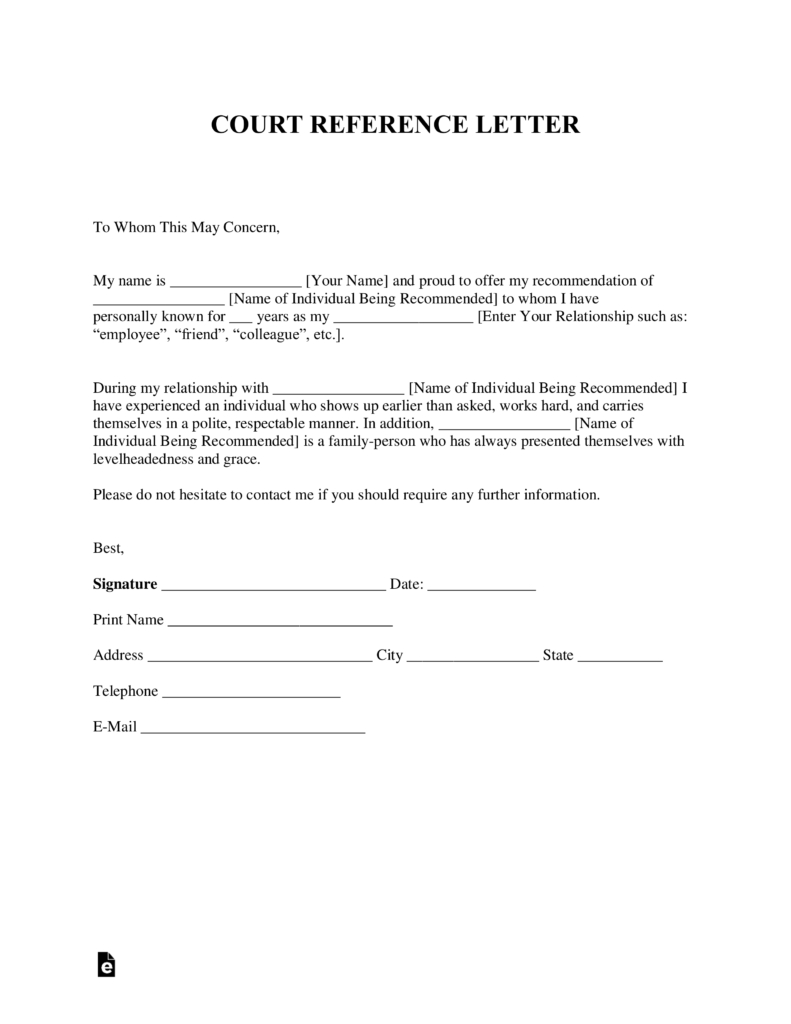 Recommendation Letter Template Free Character Reference Letter For Court Template Samples Pdf
