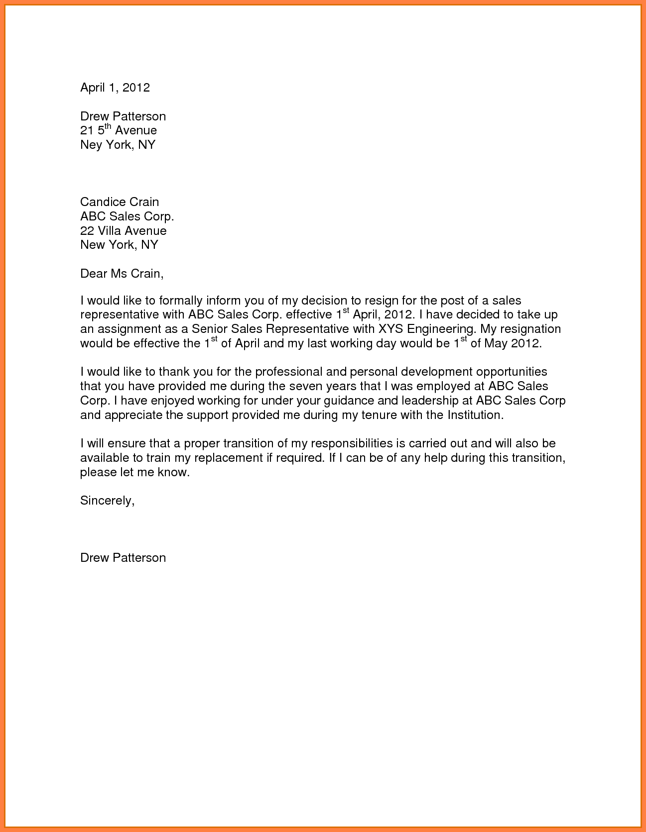 Resignation Letter Template 10 Sample For Resignation Letter One Month