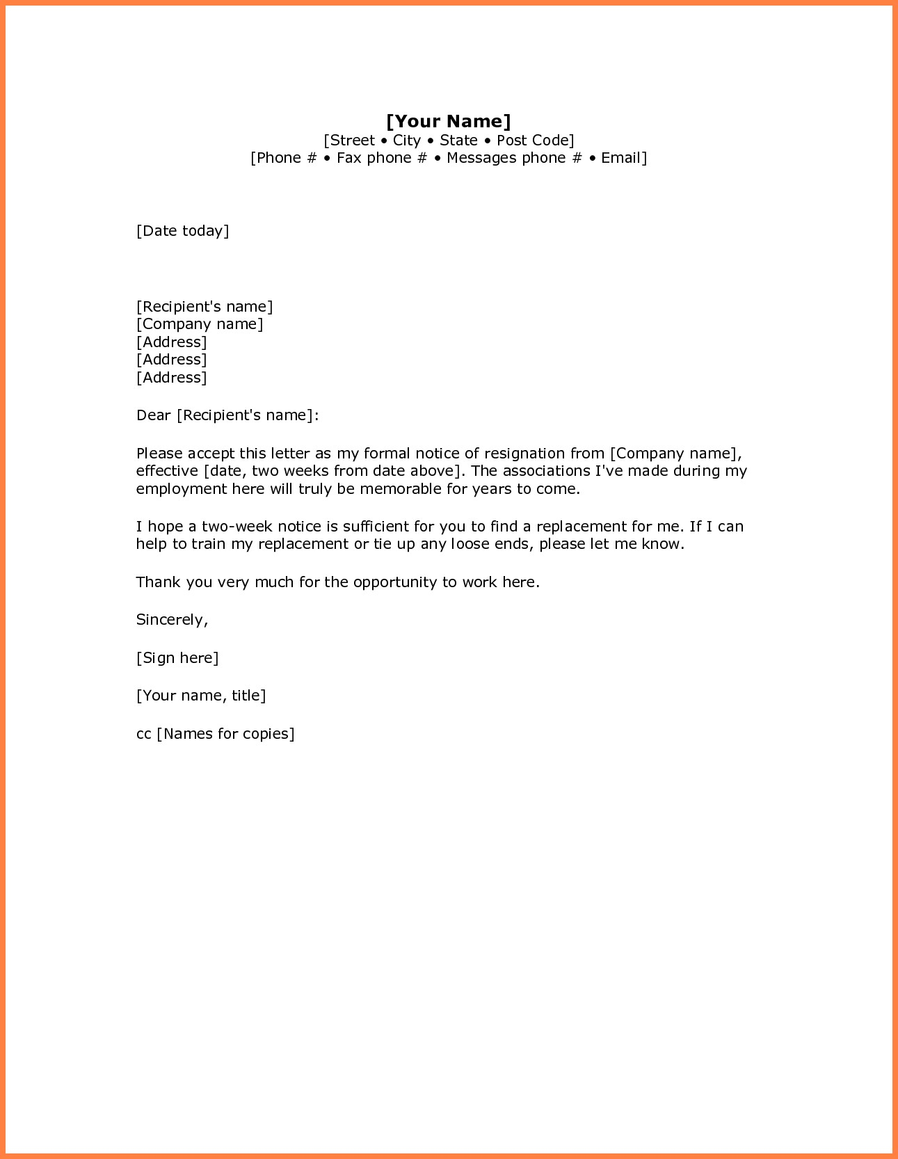Resignation Letter Template Professional Letter Template Cc Valid 5 Simple Resignation Letter