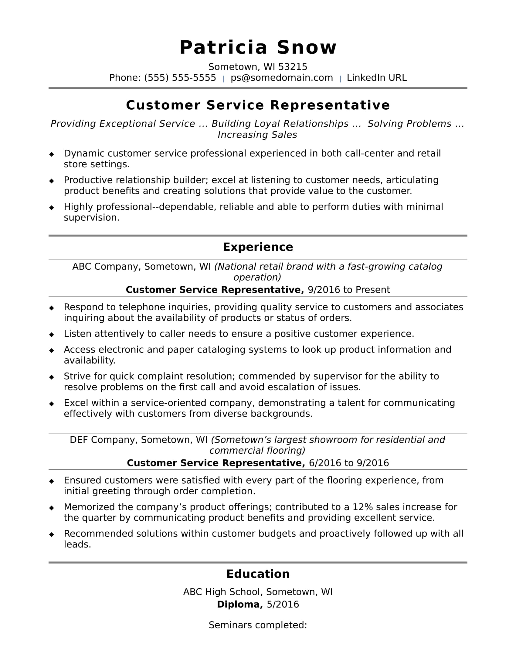Resume For Customer Service Customer Service Representative Entry Level resume for customer service|wikiresume.com