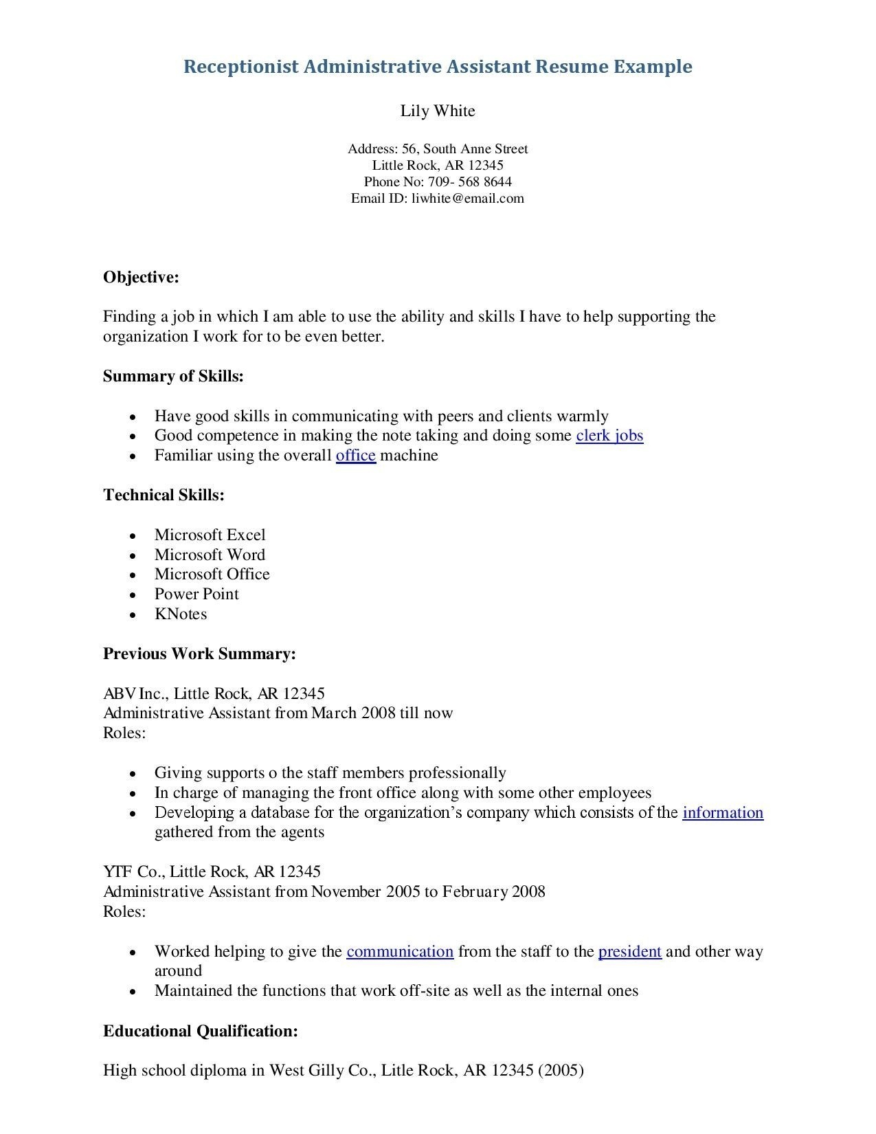 Resume Objective Examples  Receptionist Resume Sample Pdf New Resume Objective Examples For
