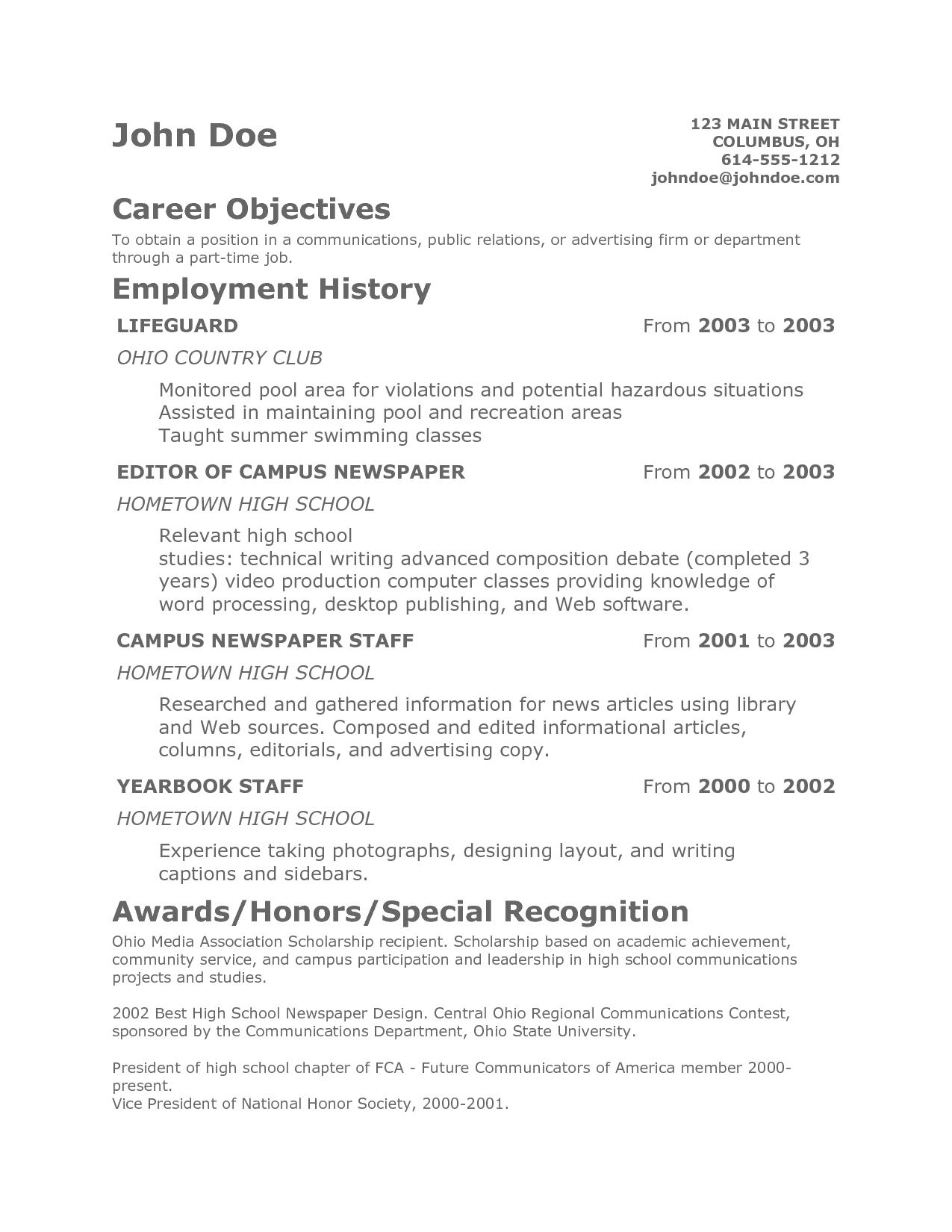 Resume Objective Examples  Teenage Resume Objective Duynvaerdernl