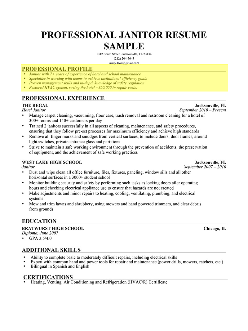 Resume Profile Examples Janitor Professional Profile1 resume profile examples|wikiresume.com