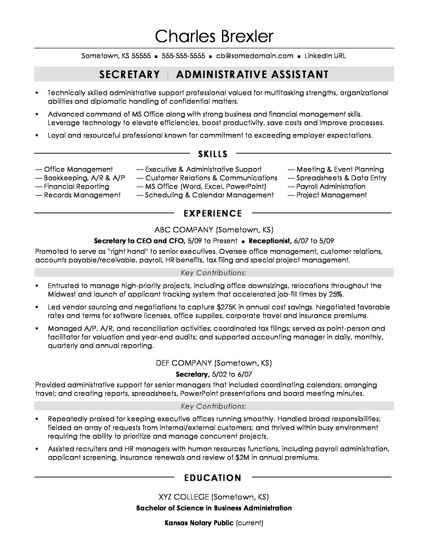 Resume Words Skills  Secretary Resume Sample Monster