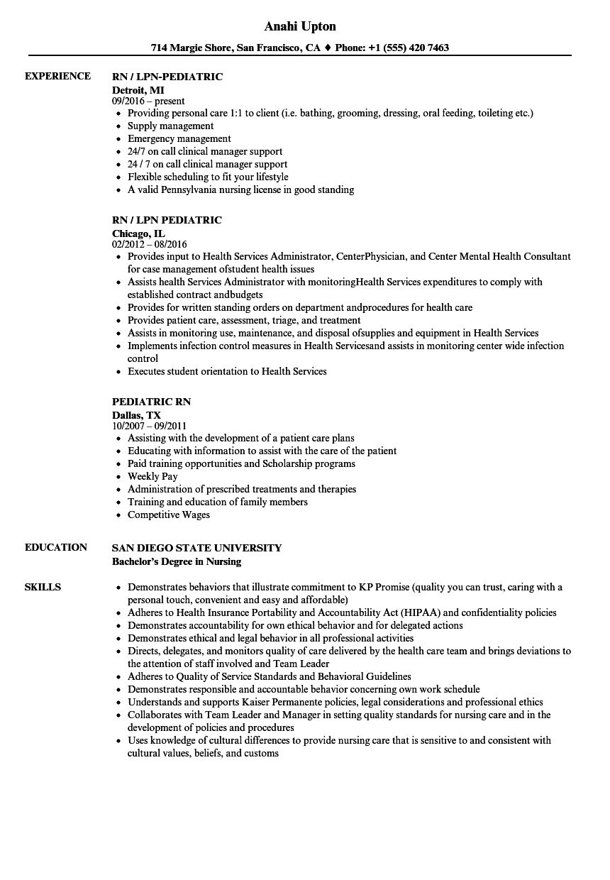 Rn Resume Examples Pediatric Rn Resume Sample rn resume examples|wikiresume.com