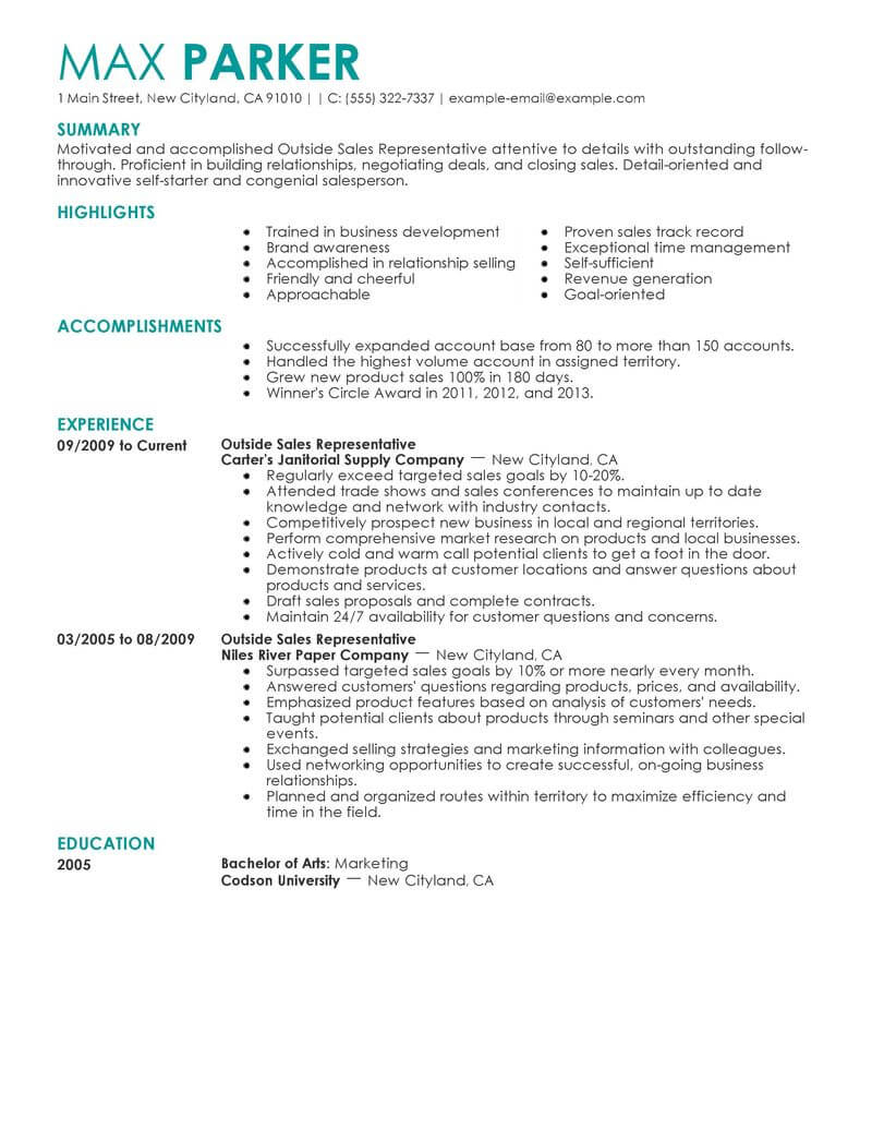 Sales Resume Examples Best Outside Sales Representative Resume Example Livecareer