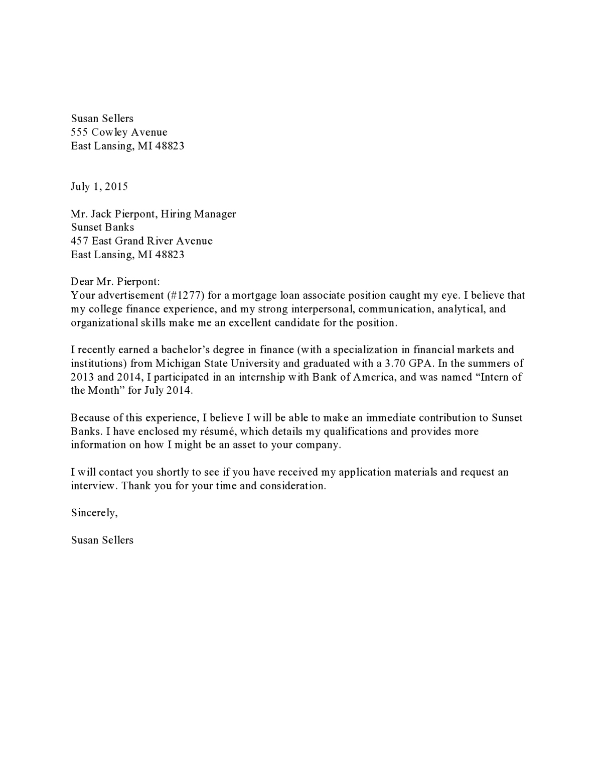Samples Of Cover Letter  Commercial Banking Entry Level Response To Ad Letter Cover Letter