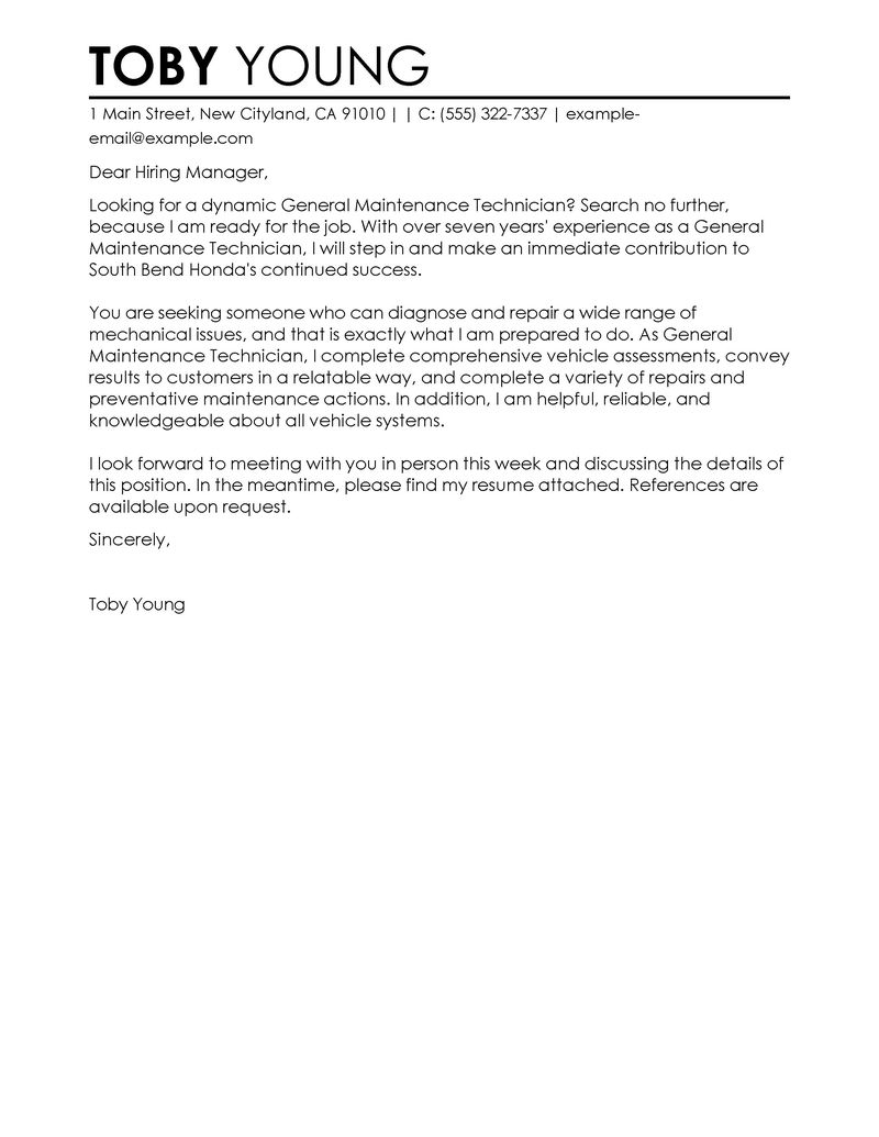 Samples Of Cover Letter  Leading Professional General Maintenance Technician Cover Letter