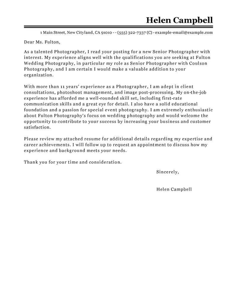 Samples Of Cover Letter  Leading Professional Senior Photographer Cover Letter Examples