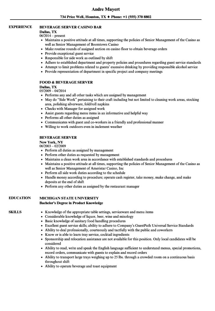 Server Resume Template Beverage Server Resume Samples Velvet Jobs