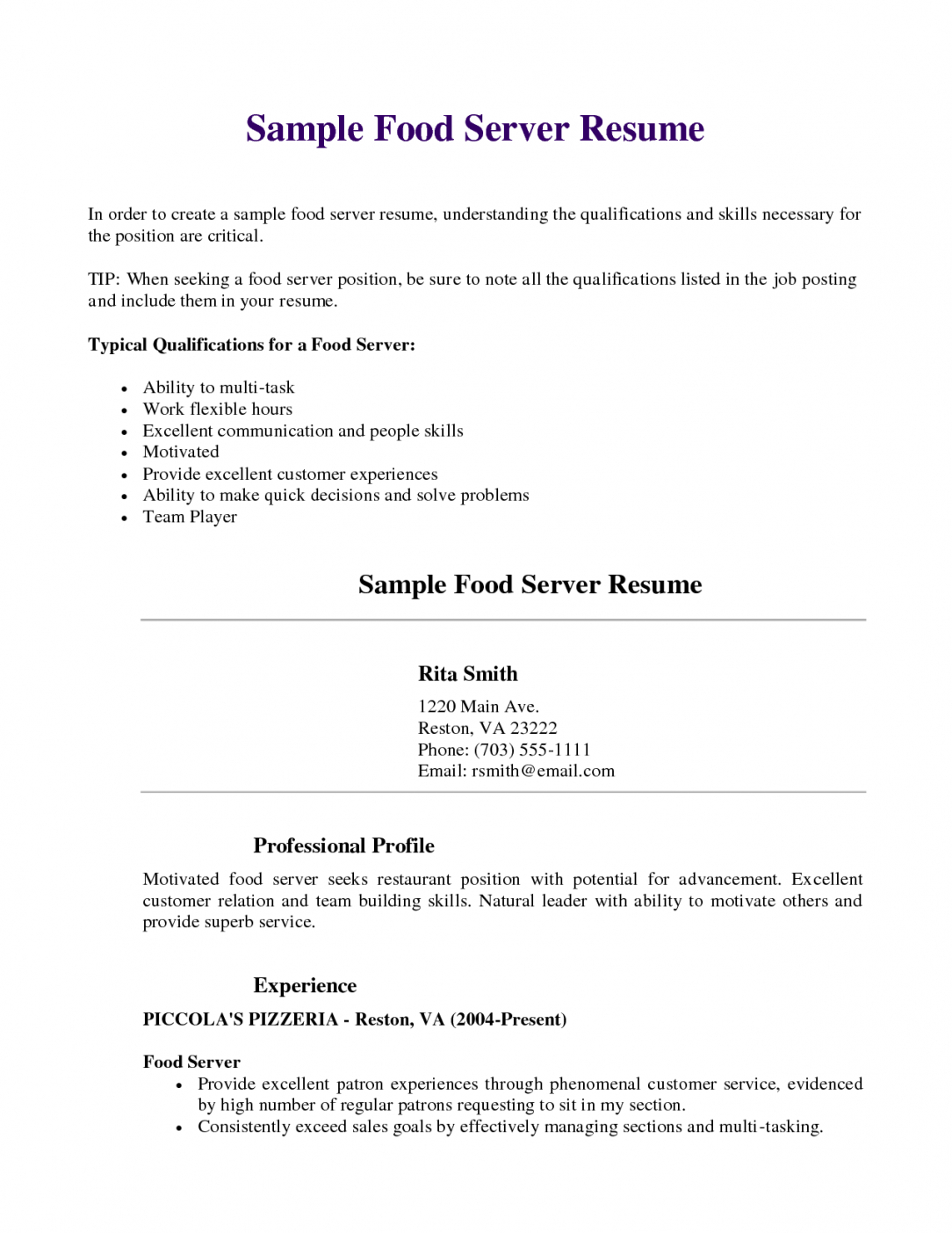 Server Resume Template  Functional Resume Template Resume Food Server Resume Template Napaw