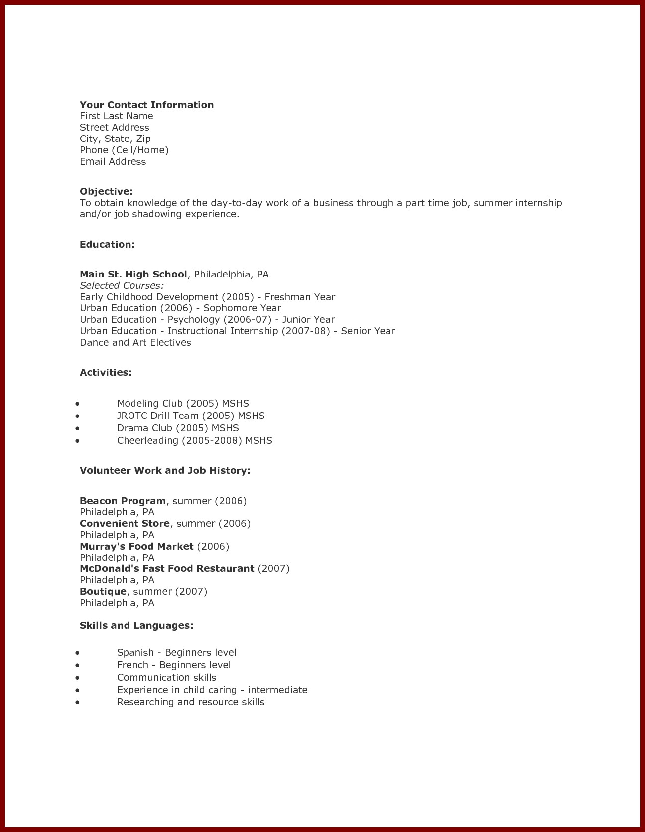 Student Resume Template Resume Template High School Student First Job Business Free
