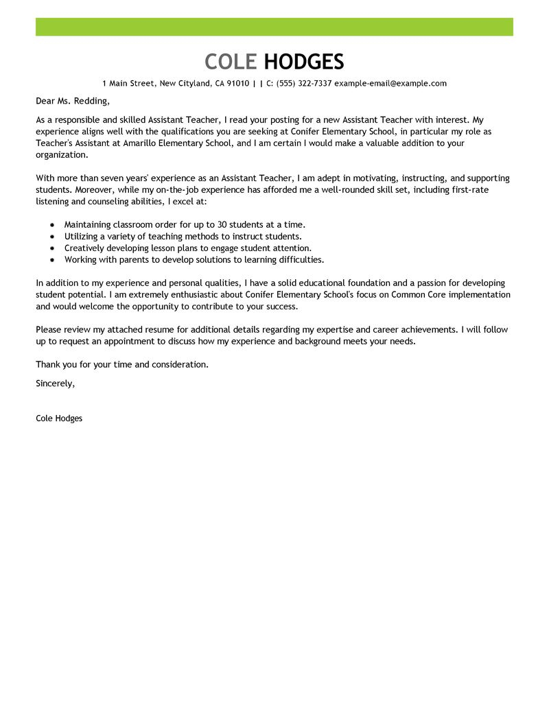 Teaching Cover Letter Examples Best Assistant Teacher Cover Letter Examples Livecareer