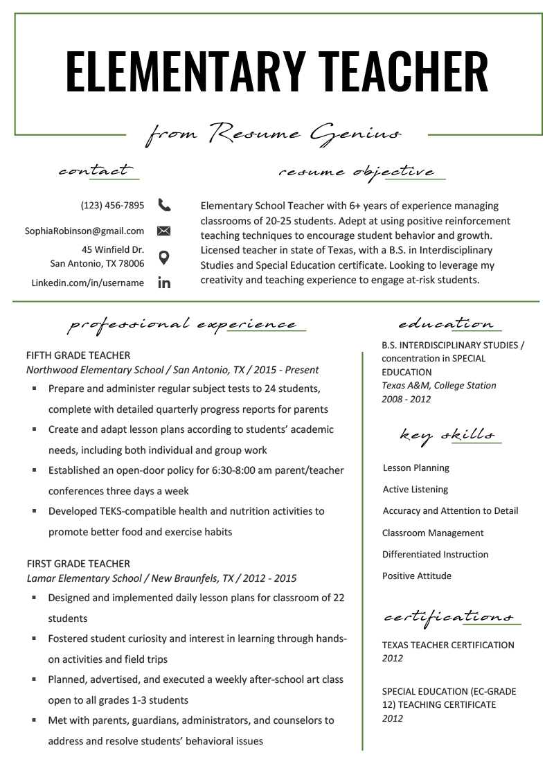 Teaching Resume Examples Elementary Teacher Resume Samples Writing Guide Resume Genius