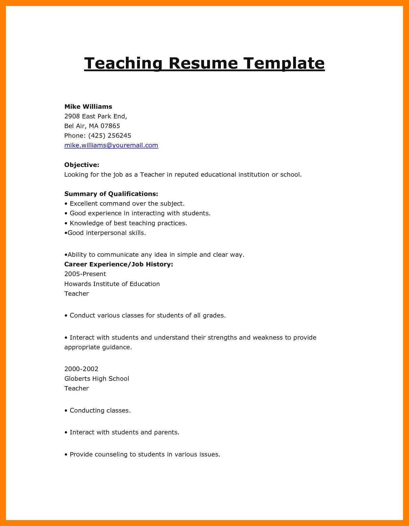 Teaching Resume Template Teacher Resume Sample Complete Guide Examples Template For Education